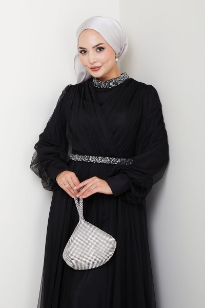 Yaka ve Bel Taş Detaylı Büyük Beden Tesettür Abiye Esna - Siyah